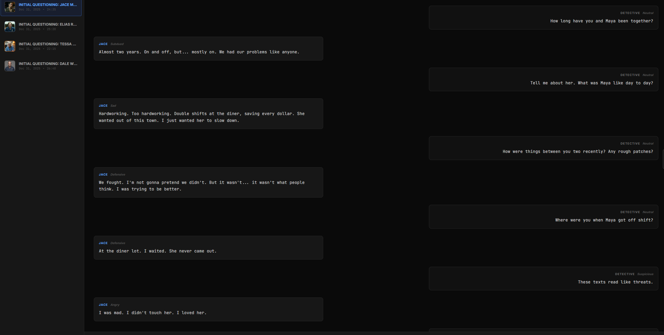 DetectiveOS gameplay screenshot — Question the Suspects: Sit across from each suspect in the interrogation room. Catch lies, present contradicting evidence, and break their story.