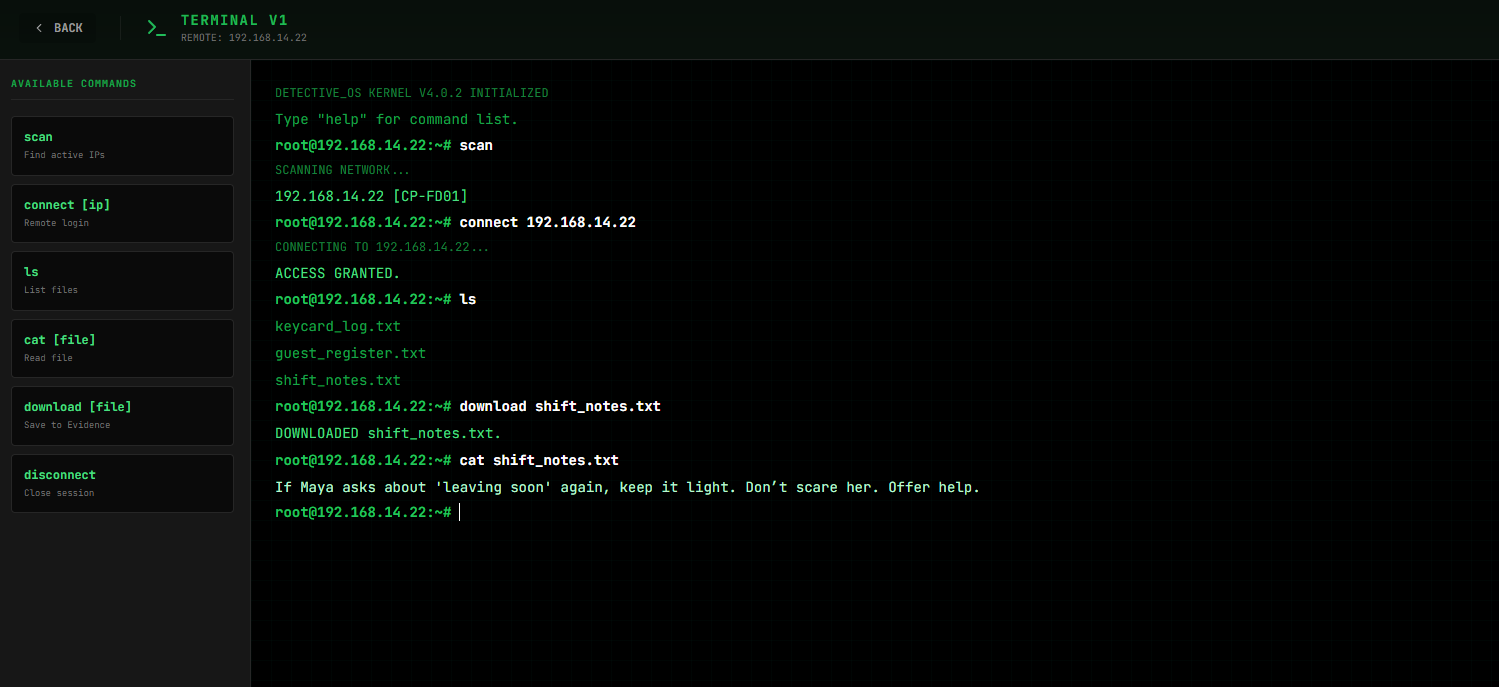 DetectiveOS gameplay screenshot — Hack Into Remote Systems: Scan networks, connect to suspect devices, and download hidden files directly into your evidence locker.