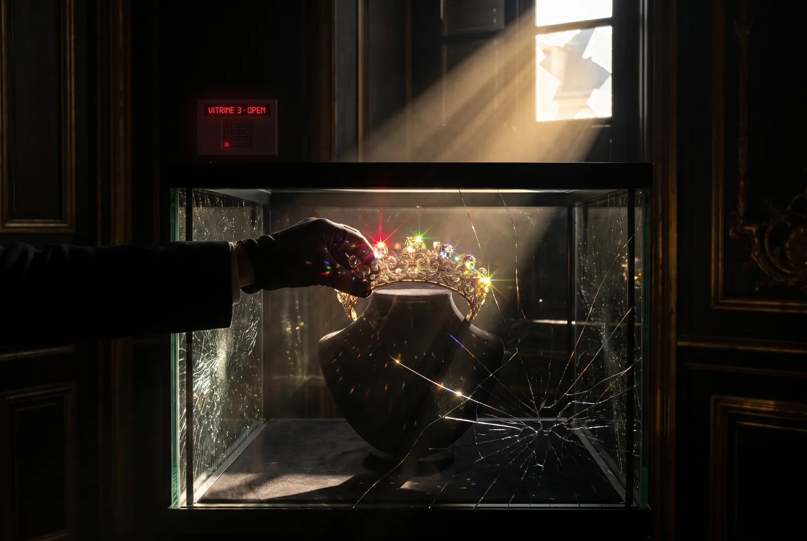 A gloved hand lifting the diadem from a shattered museum vitrine