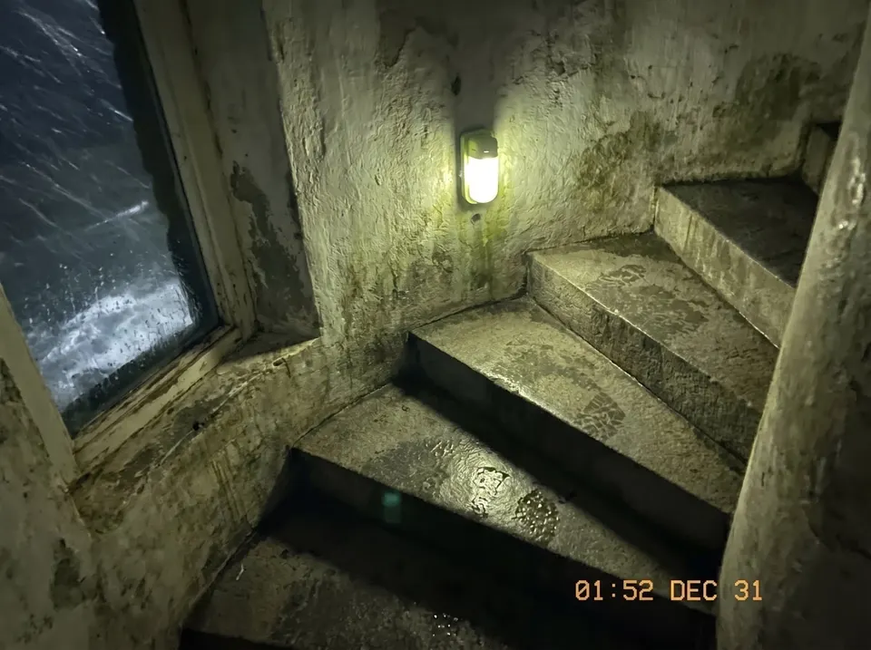 The tower stairwell after the storm