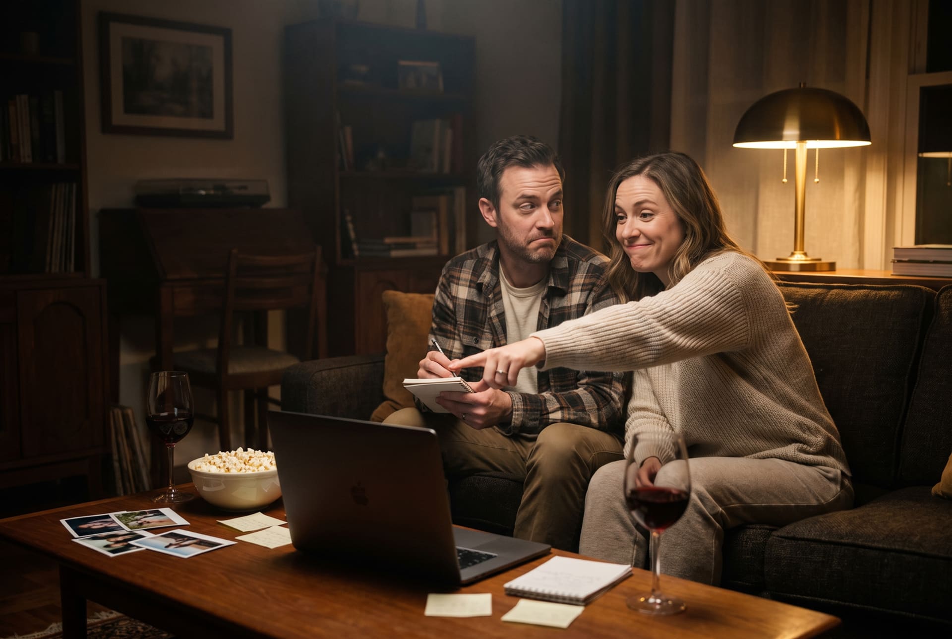 A couple on a sofa at night working a case on a laptop
