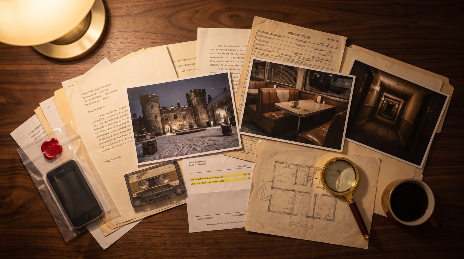 A whole case file spread across a desk: statements, scene photos, a phone in an evidence bag, a floor plan