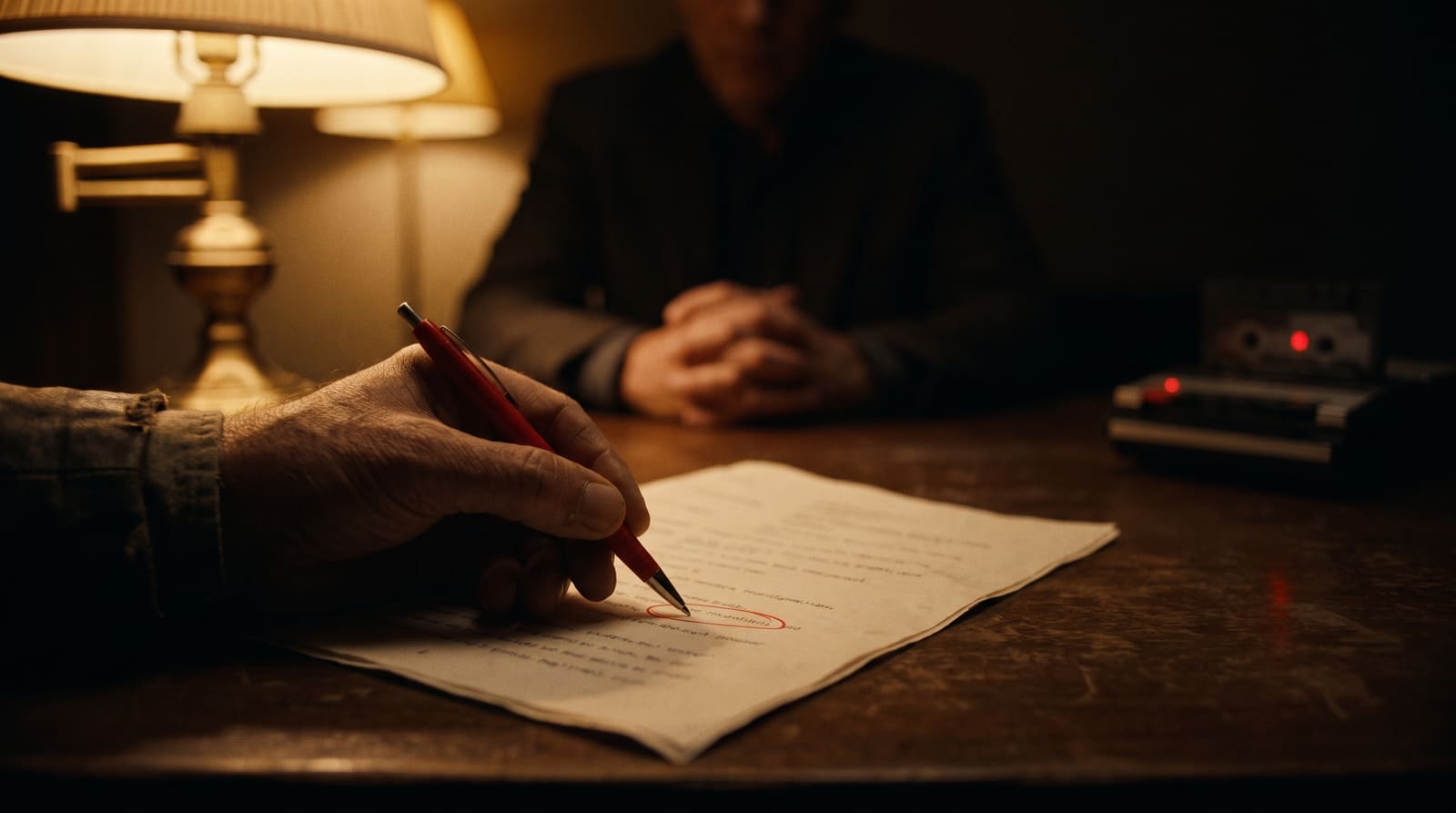 A red pen circling one line of an interview transcript, the suspect blurred across the table