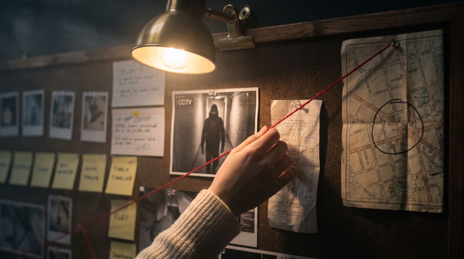 A hand stretching red string from a CCTV still to a receipt on the case wall