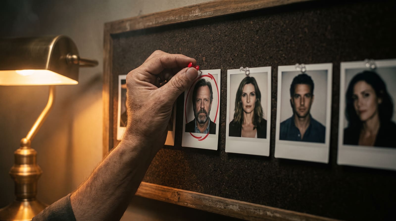 A red pin pressed into one suspect polaroid, circled in red