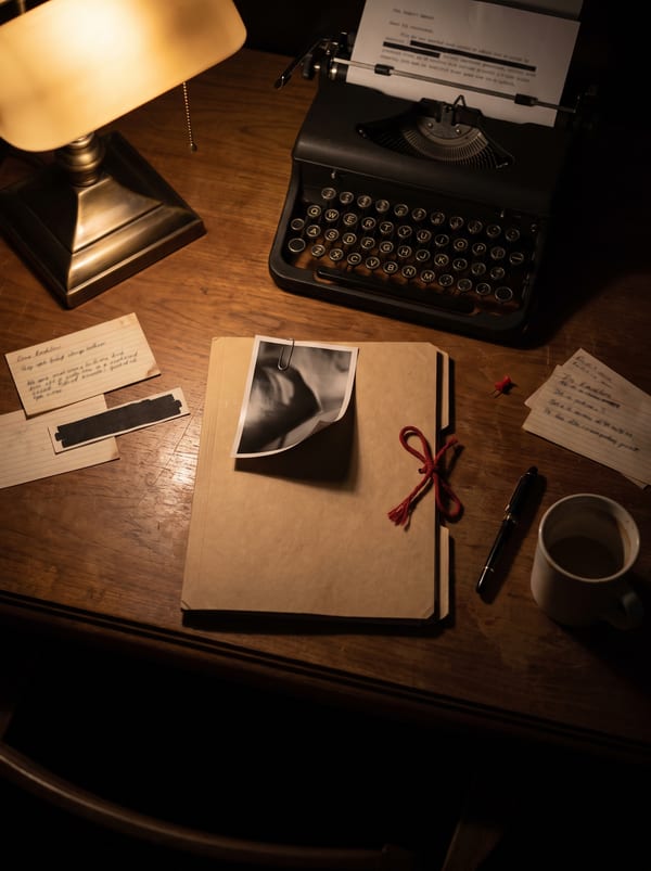 A new case file on a writer's desk at night, a typewriter and a folder tied with red string
