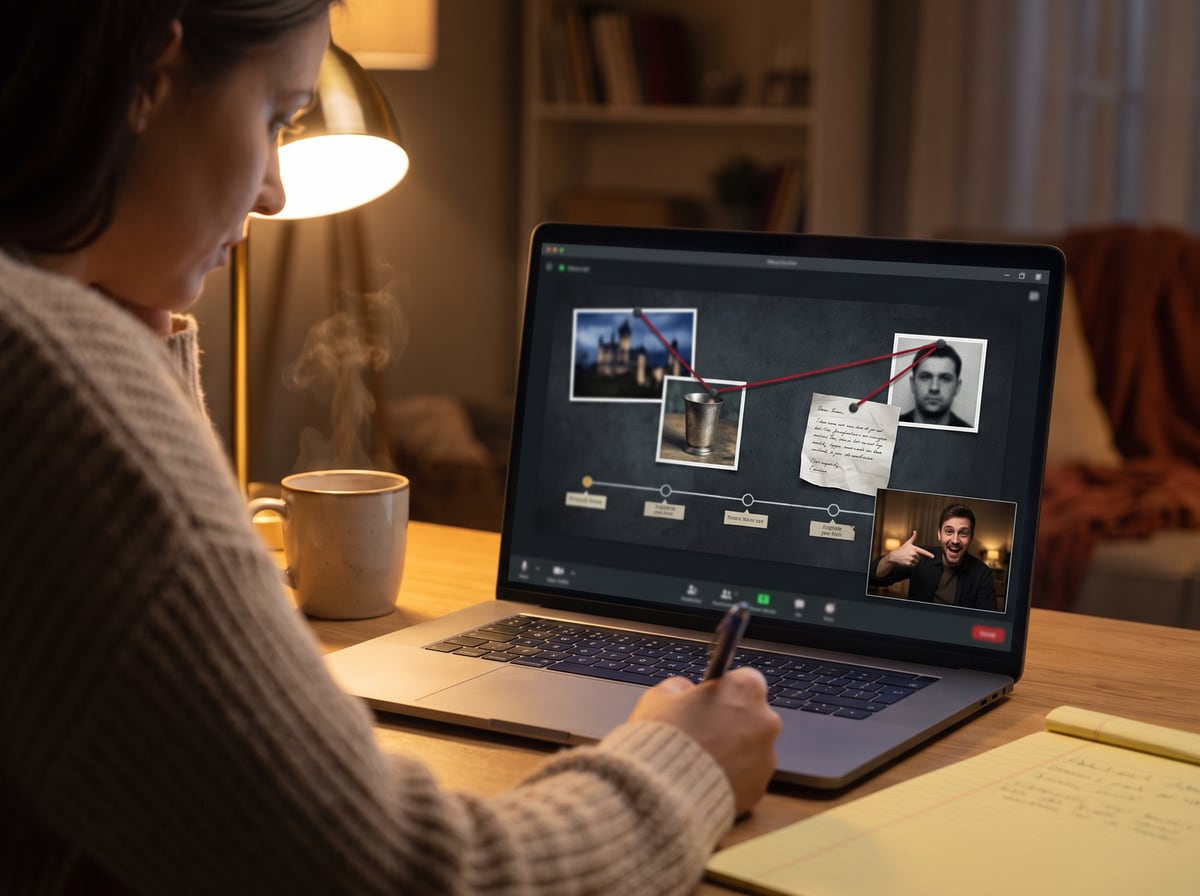 A woman on a video call at night, the case file shared on screen while her partner points at a clue from his own desk